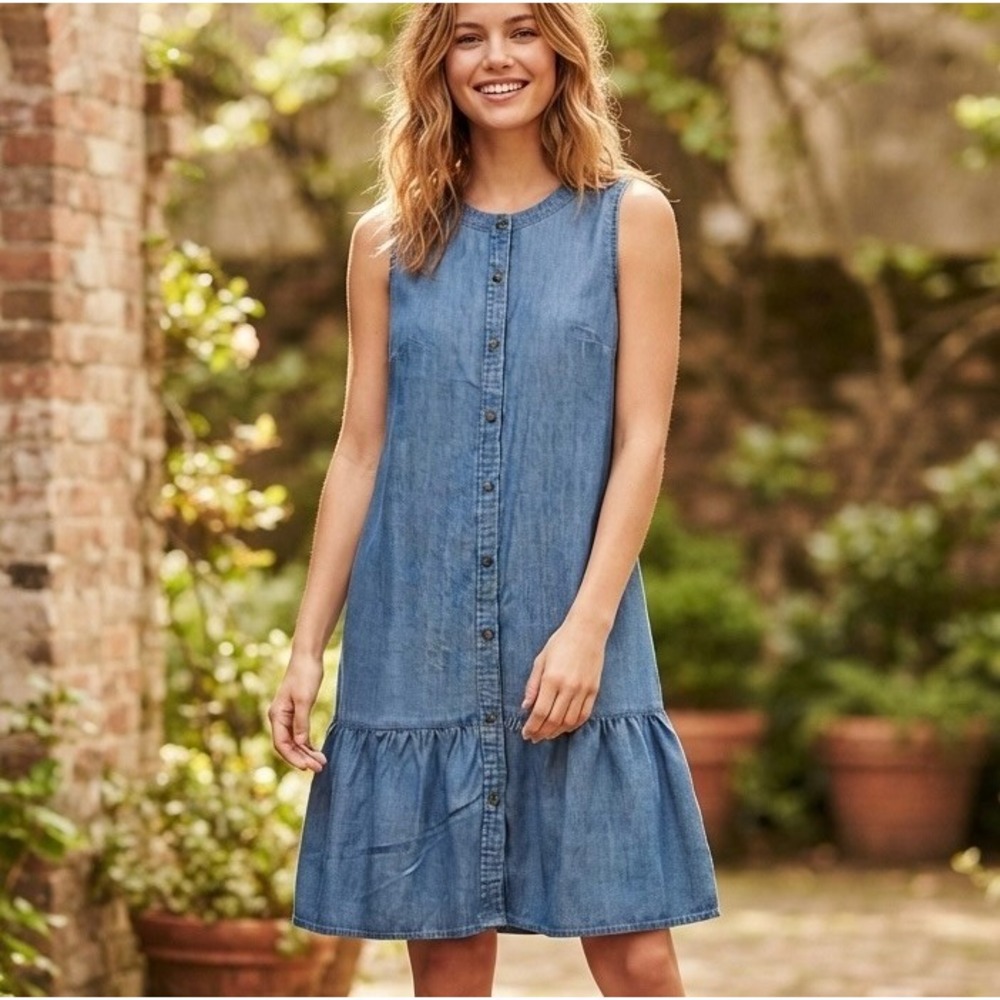 LOFT Outlet Chambray Sleeveless Button Front Ruffle Hem Shift Denim Dress Size S